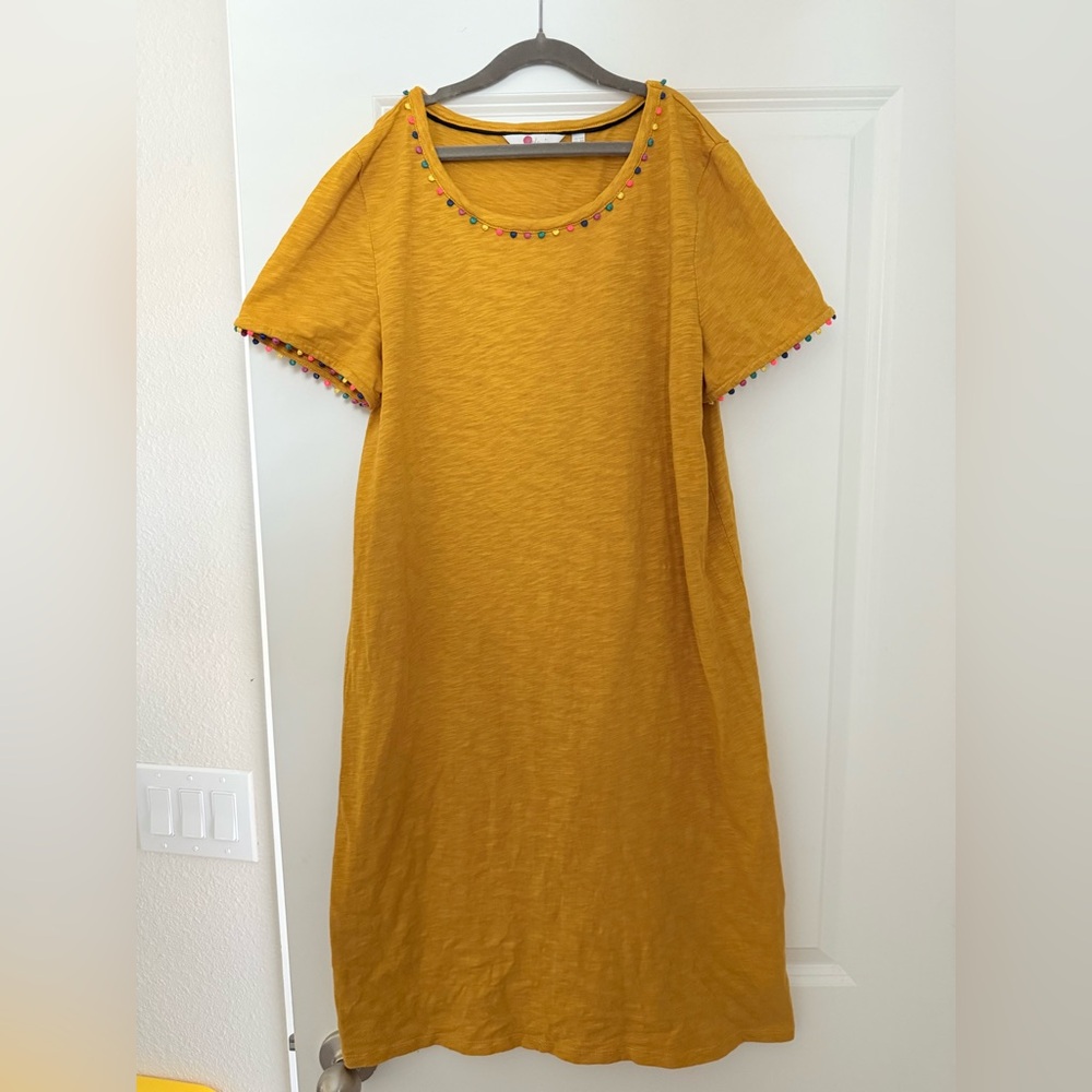 Boden Yellow Dress with Pom Pom Trim